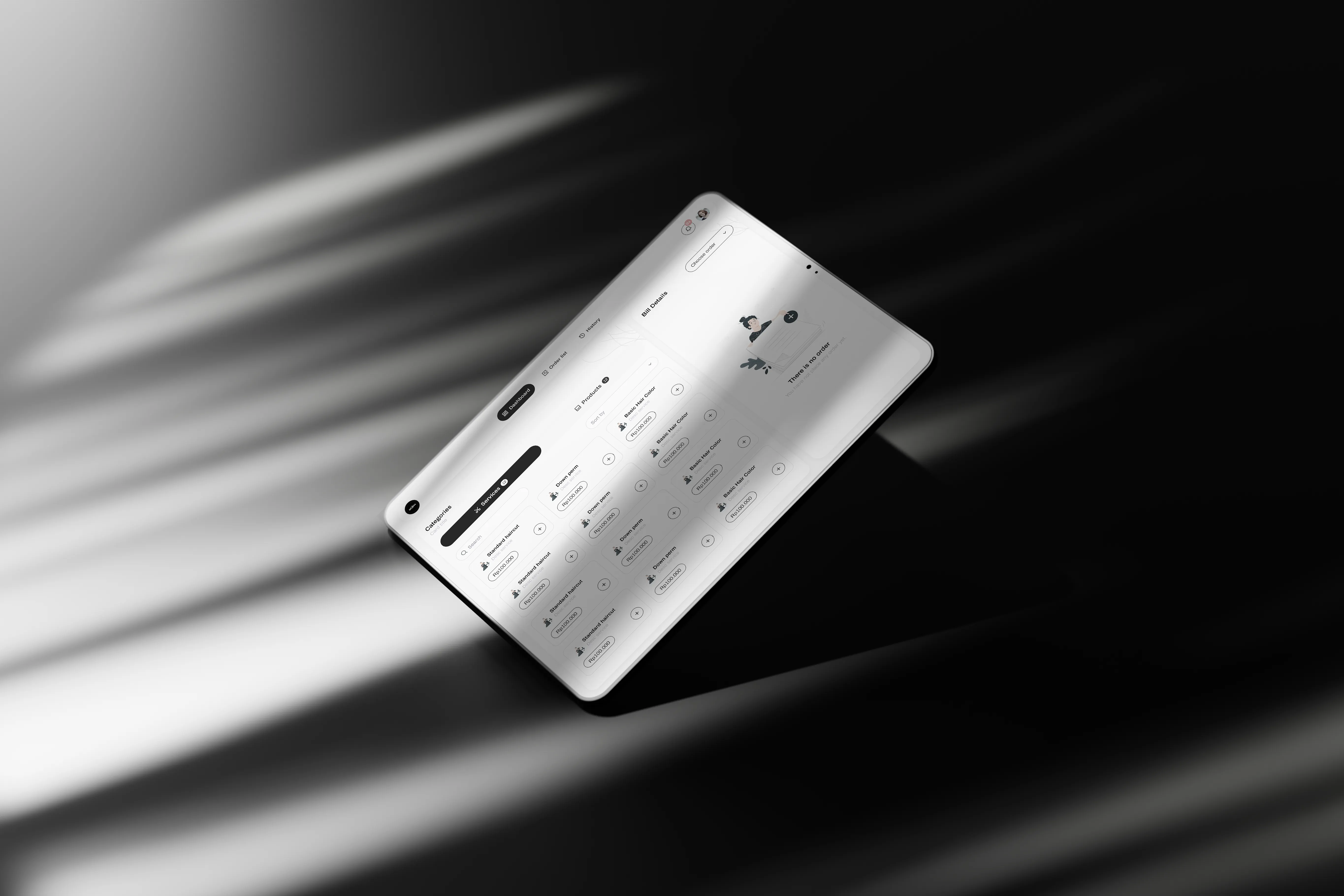 Dashboard showing services, products, and orders in a modern POS system for barbershops.